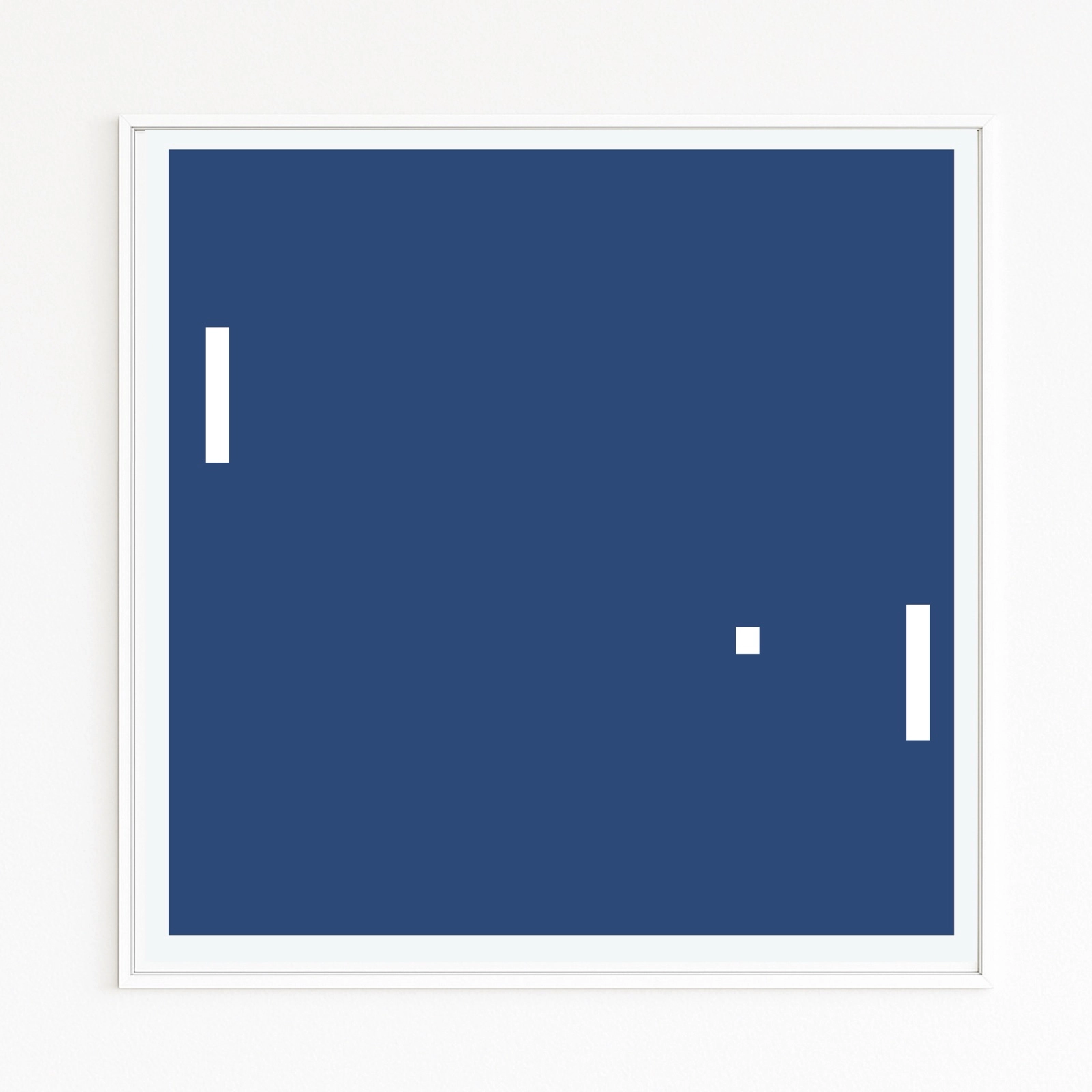 Buy directly from the artist. Pong – the first video game as minimalist art. Christof Hintze print. Blue in a Square — 250 plus artworks collection. Pong game scene with paddles and ball in blue and white.