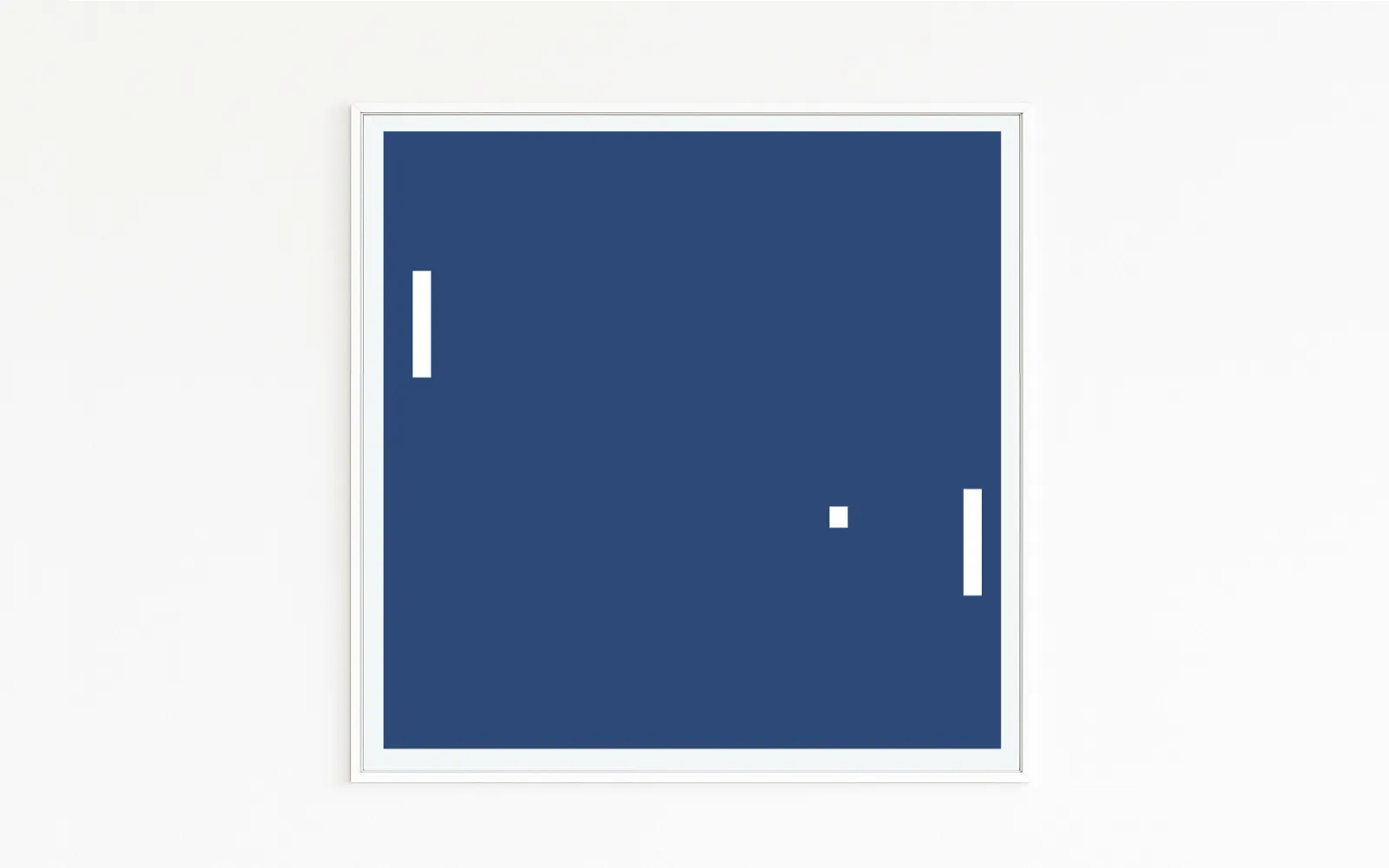 Buy directly from the artist. Pong – the first video game as minimalist art. Christof Hintze print. Blue in a Square — 250 plus artworks collection. Pong game scene with paddles and ball in blue and white.